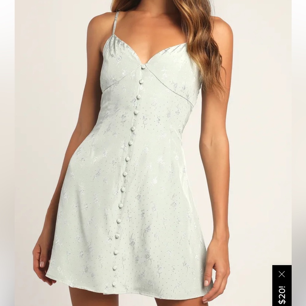 NWOT Lulu’s Constantly Chic Sage Green Floral Jacquard Satin Mini Dress